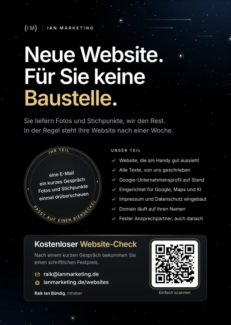 Flyer „Neue Website. Für Sie keine Baustelle.“ von IAN MARKETING, DIN A5, mit 3 mm Beschnitt und eingezeichnetem Endformat