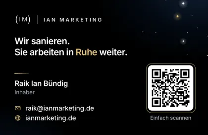 Karte 03, Rückseite: Wir sanieren. Sie arbeiten in Ruhe weiter. Raik Ian Bündig, Inhaber, raik@ianmarketing.de, ianmarketing.de, QR-Code