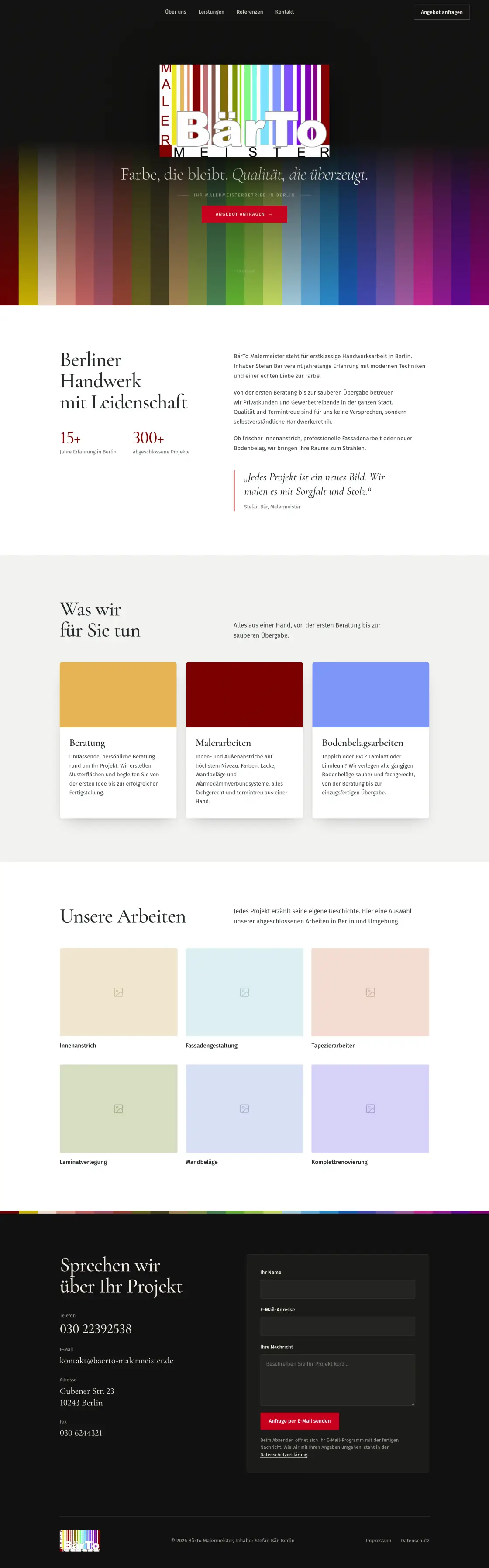 Screenshot der Website BärTo Malermeister, Desktop-Ansicht