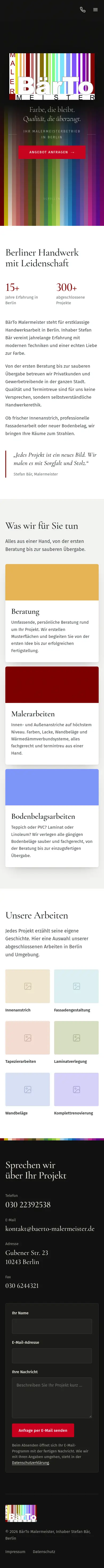 Screenshot der Website BärTo Malermeister, mobile Ansicht